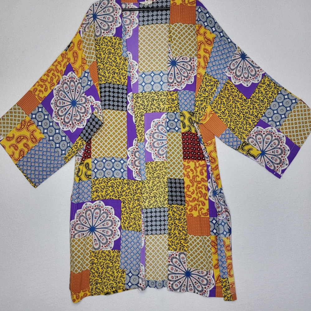 Easel Los Angeles Patchwork Print Kimono Cardigan Purple Yellow Boho Women 1X